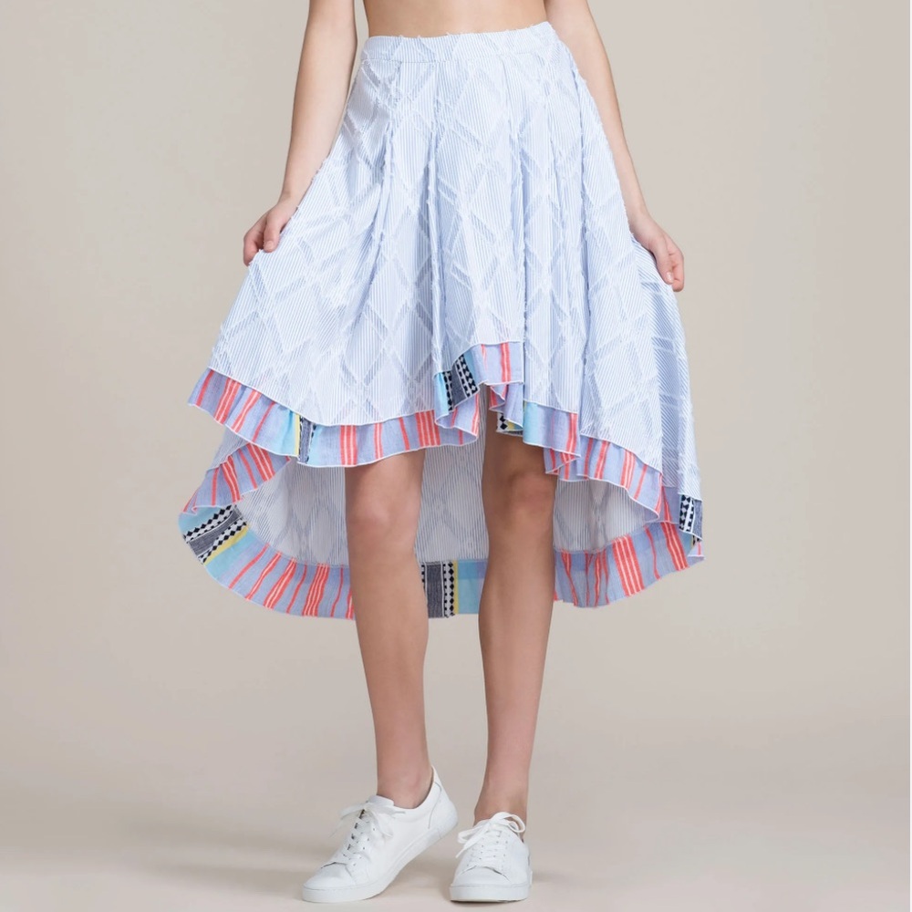 Lemlem Besu High-Low Light Blue Pleated Skirt with Colorful Trim Size Small